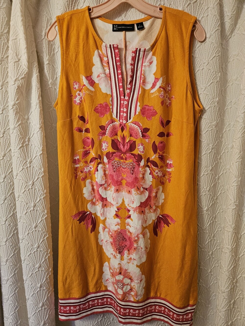 NY & Company  Collection Mustard Tunic Dress with Pink Floral Motif